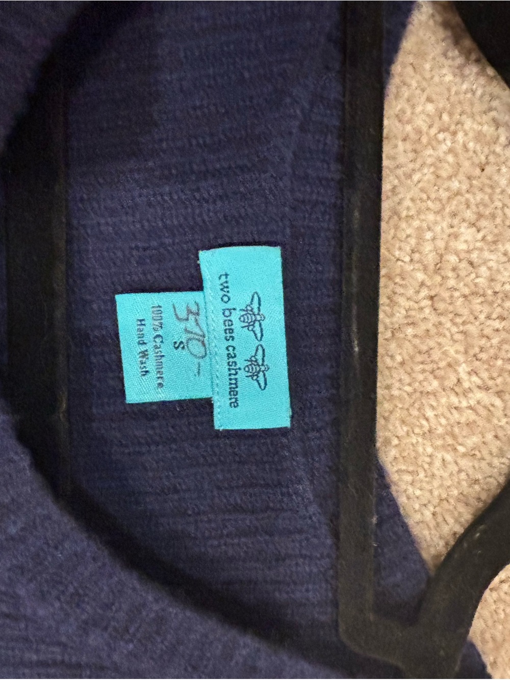 Two Bees Cashmere Navy Diamond-Textured Crewneck Sweater - Picture 2 of 2